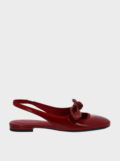 Patent Knotted-Bow Slingback Flats, Red, hi-res