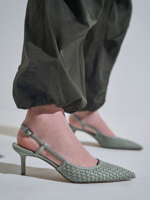 Woven Slingback Pumps, Sage Green, hi-res