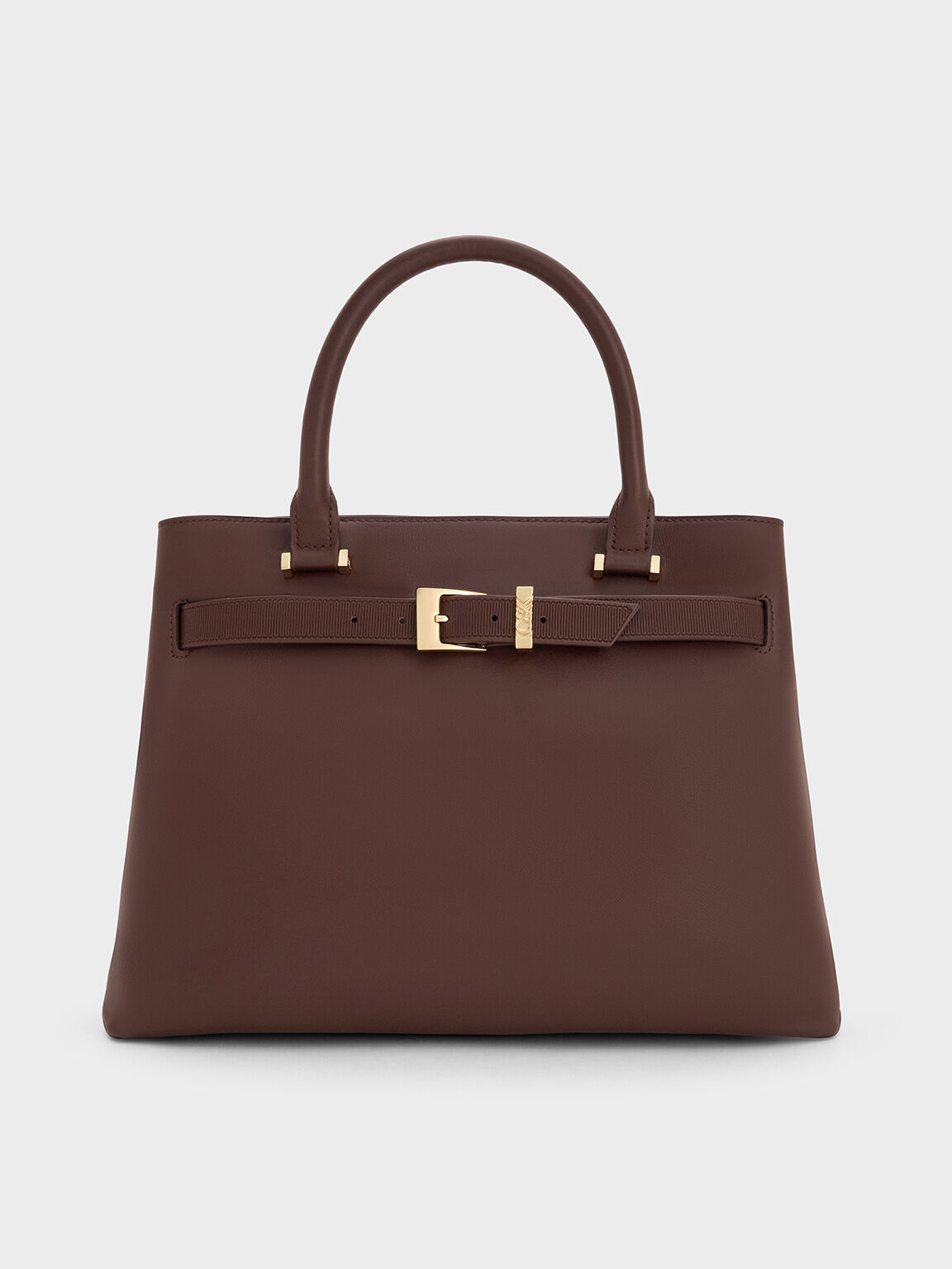 Dark Brown Voyager Leather Belted Trapeze Tote Bag CHARLES KEITH US