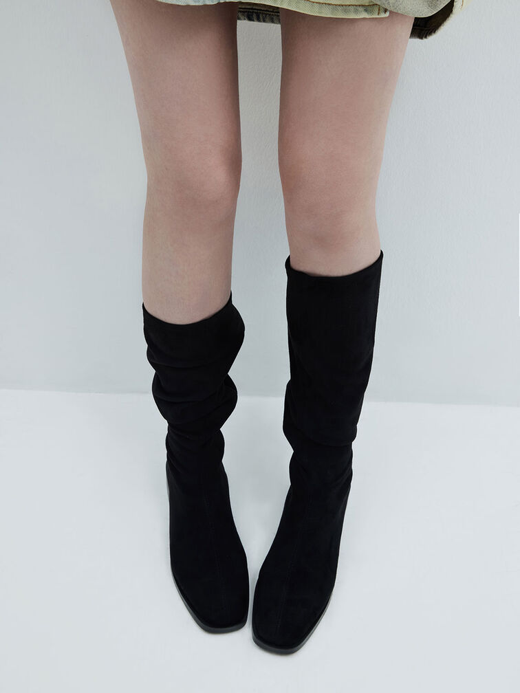 Botas planas con textura hasta la rodilla, Negro texturizado, hi-res