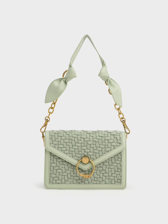 Joelle Ring Push-Lock Tweed Envelope Shoulder Bag, Mint Green, hi-res