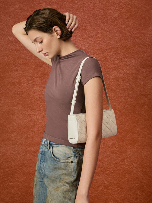 Bolso de hombro entrelazado alargado Ivette, Crema, hi-res