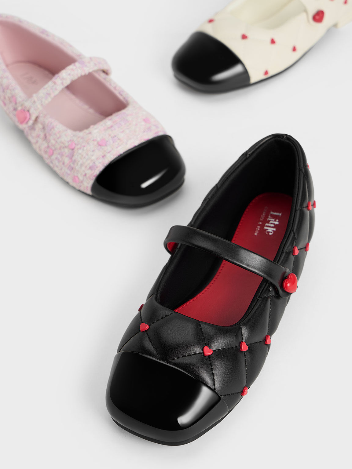Girls Quilted Heart Motif Mary Janes Black