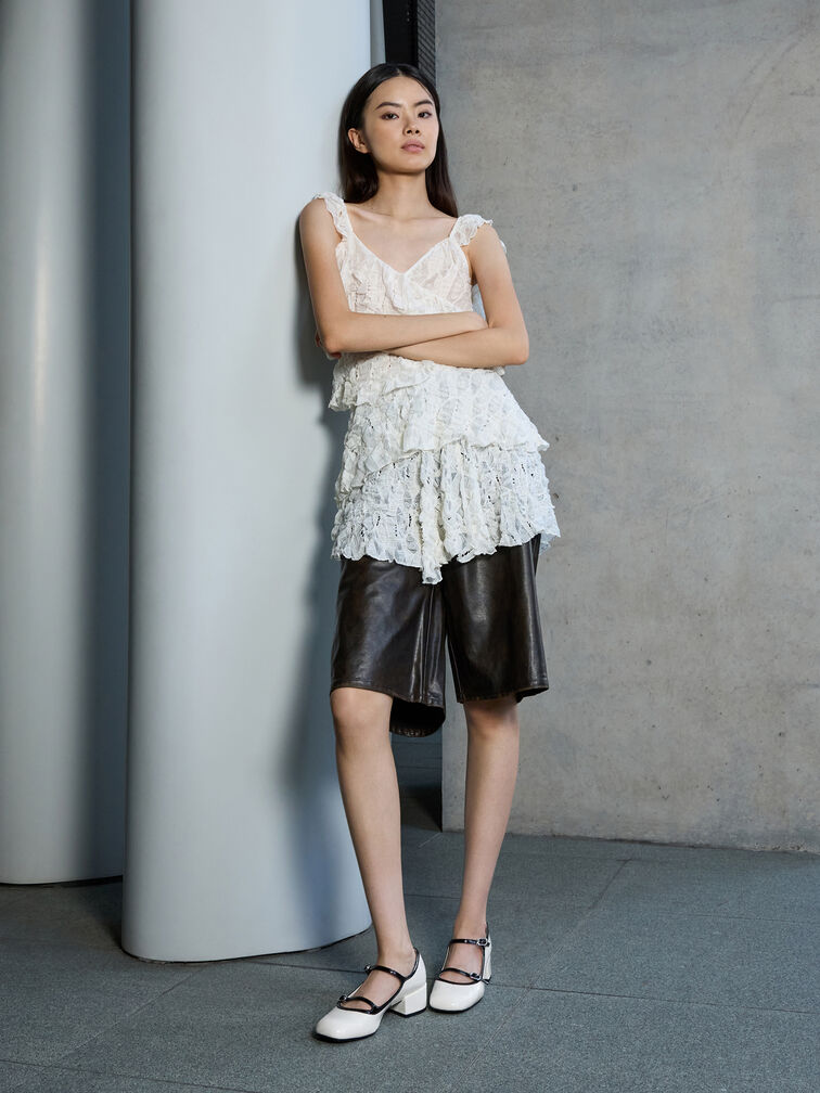 Patent Contrast-Trim Double-Strap Mary Jane Pumps, White, hi-res