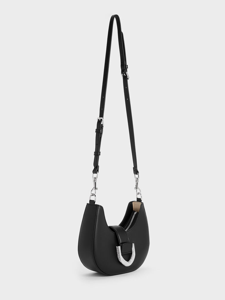 Gabine Leather Crystal-Embellished Hobo Bag, Noir, hi-res