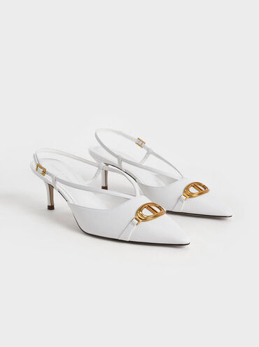 Metallic Accent Slingback Pumps, White, hi-res