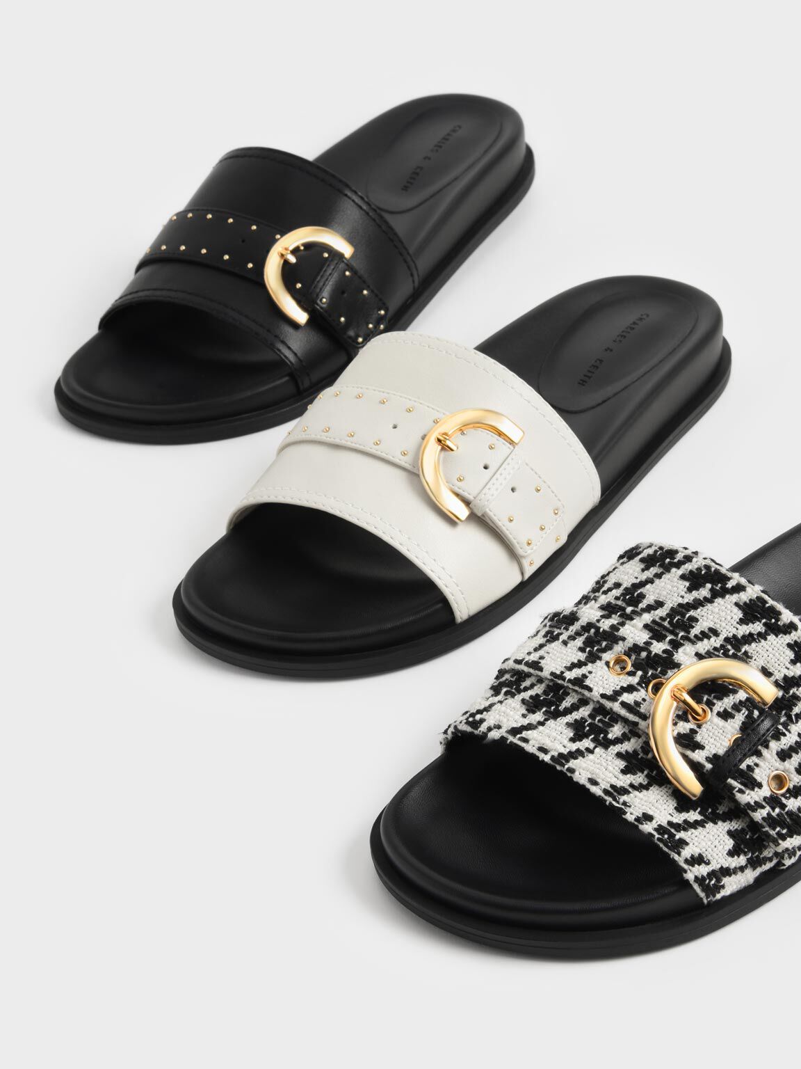 Houndstooth Buckled Slide Sandals, Multi, hi-res