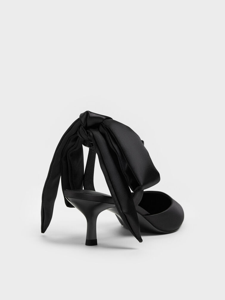 Satin Tie-Around Pointed Kitten Heels, Black Textured, hi-res