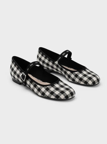 Zapatos Mary Jane con hebilla a cuadros, Negro texturizado, hi-res