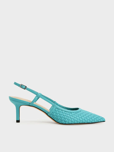 Woven Slingback Pumps, Turquoise, hi-res