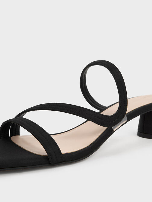 Satin Wavy Strap Mules, Black, hi-res