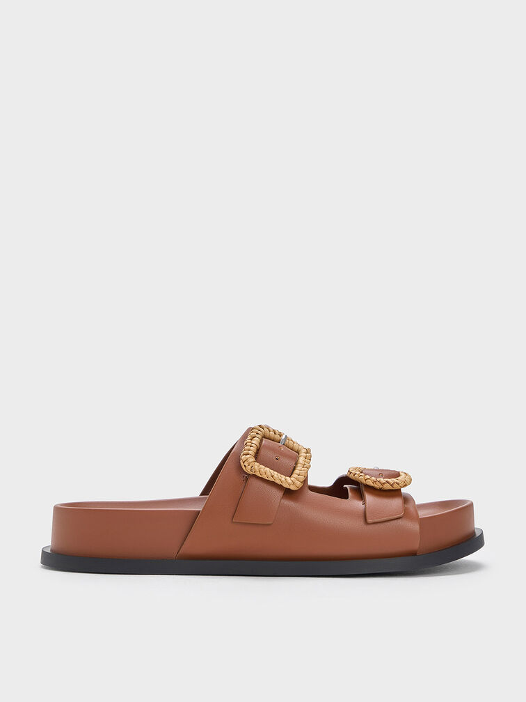 Woven-Buckle Double-Strap Sandals, Brown, hi-res