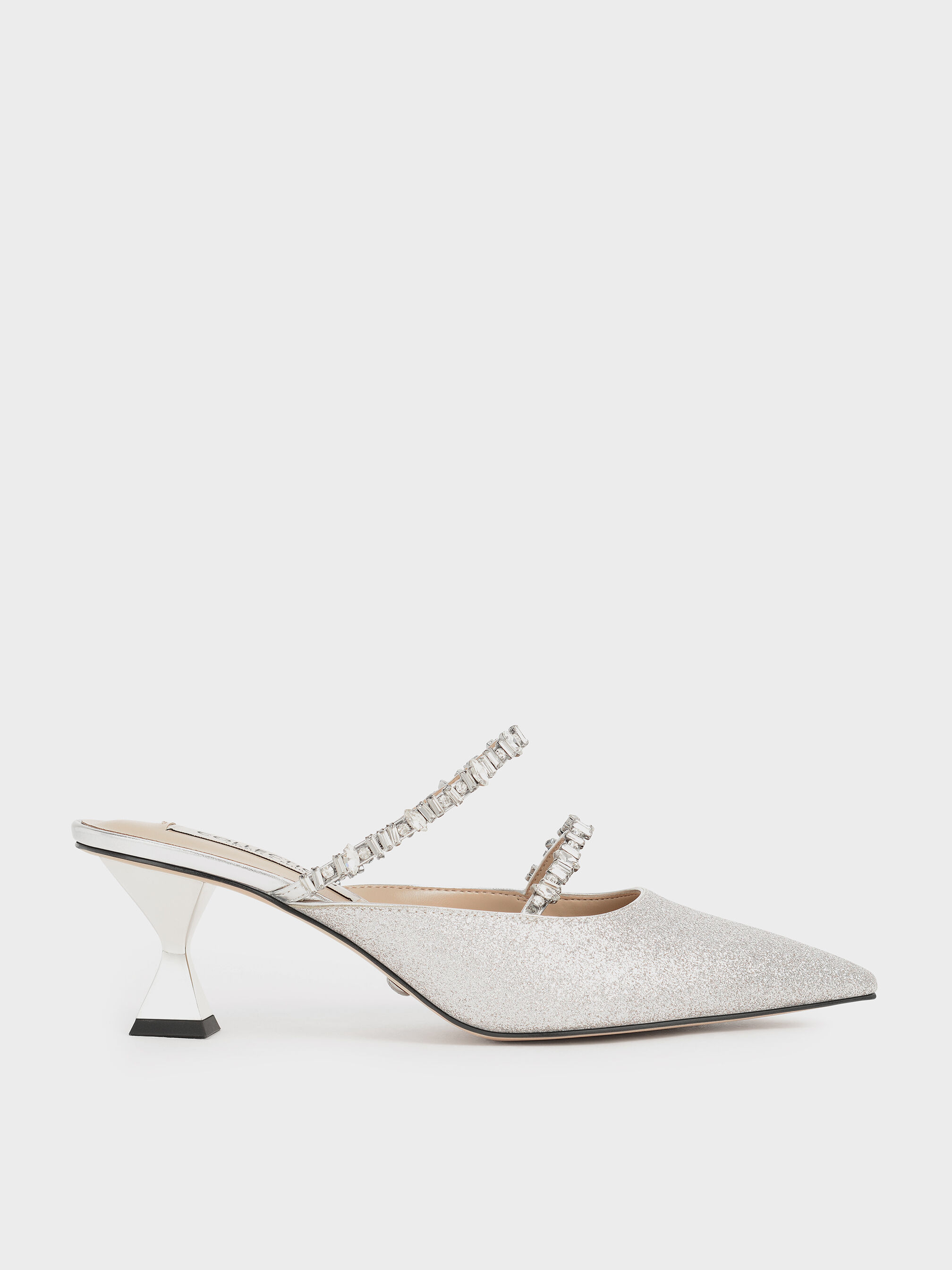 Gem Encrusted Metallic Glittered Mules Silver