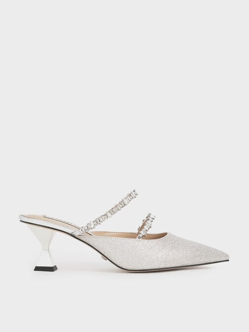 Gem-Encrusted Metallic Glittered Mules, Silver, hi-res