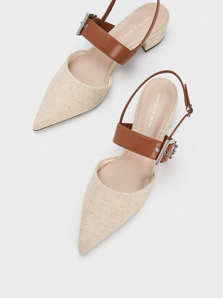 Buckled Strap Linen Slingback Pumps, Beige, hi-res