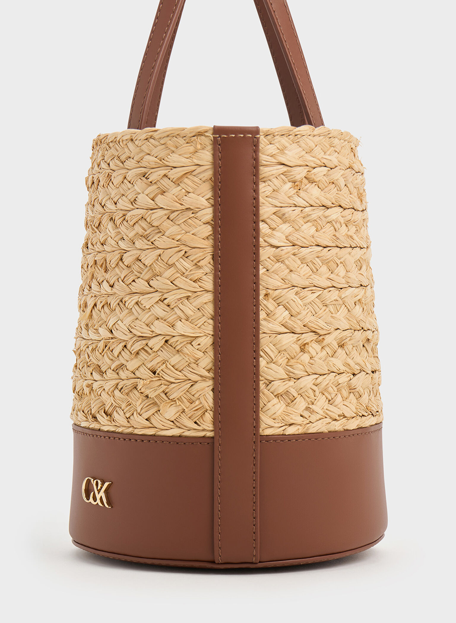 Leather & Raffia Bucket Bag, Brown, hi-res