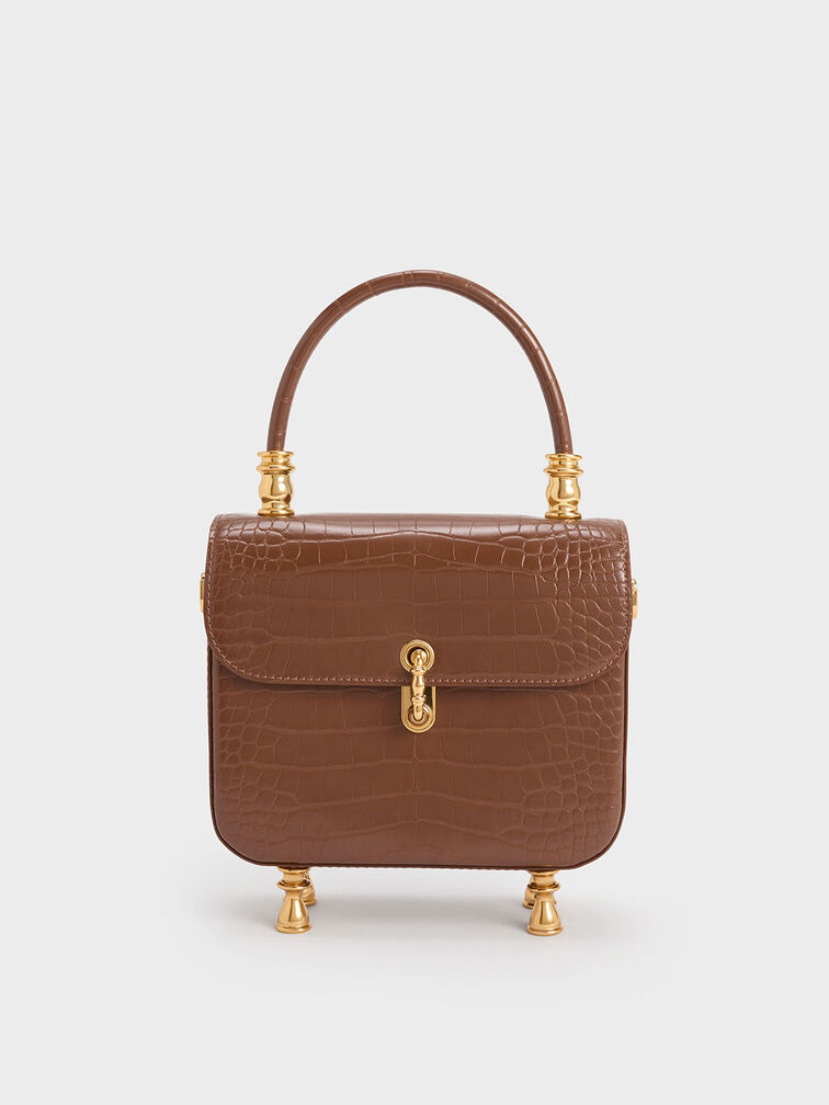 Meriah Croc-Embossed Top Handle Bag, Chocolate, hi-res