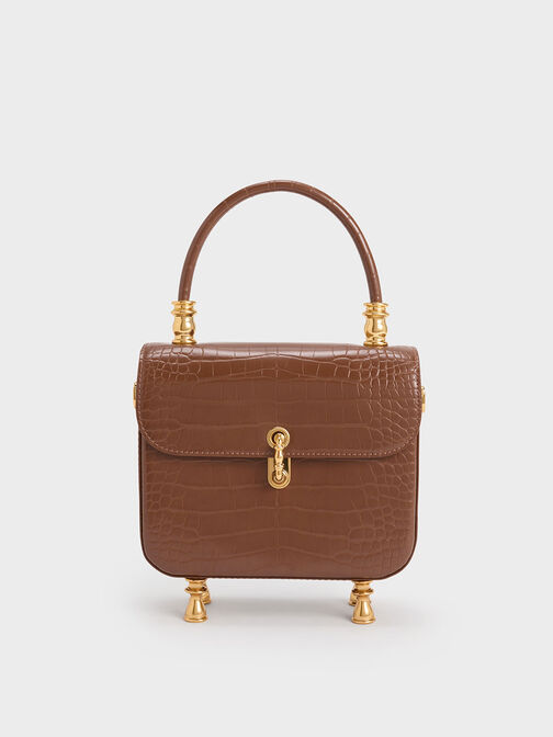 Meriah Croc-Embossed Top Handle Bag, Chocolate, hi-res