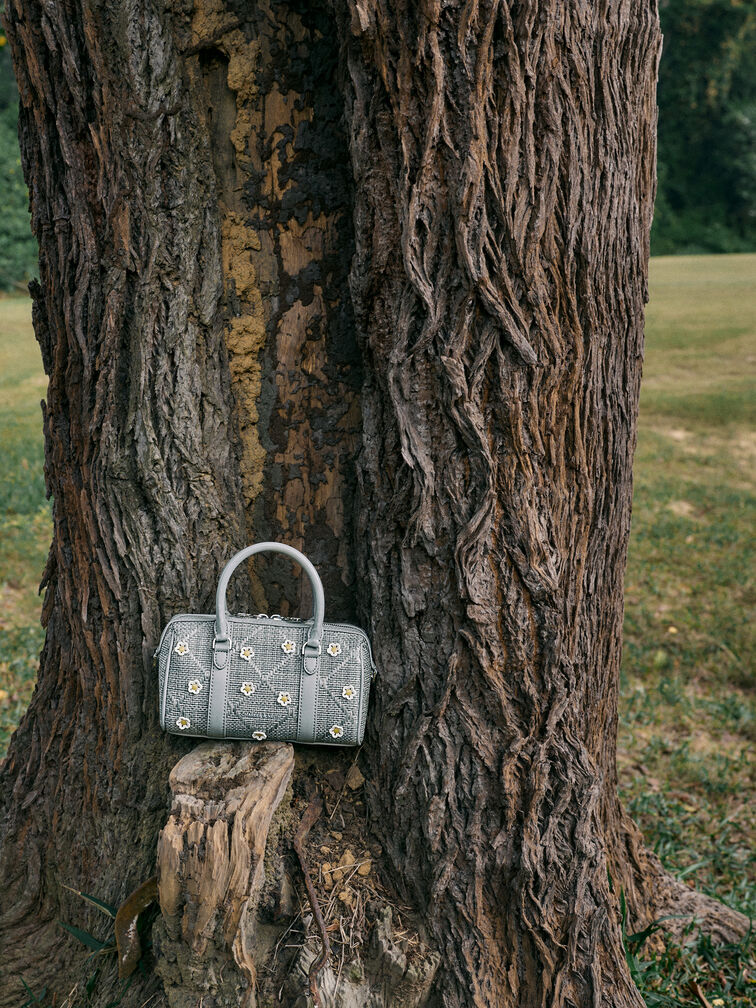 필로미나 라피아 플라워 볼링 백, 미스티 블루, hi-res