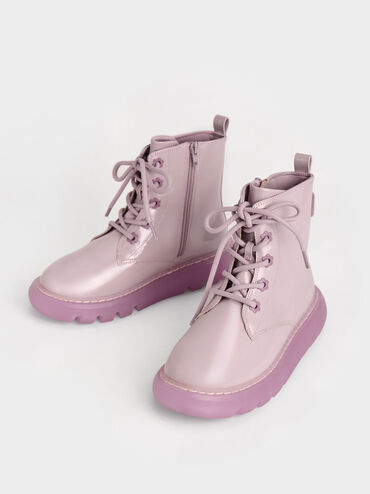 Girls' Patent Lace-Up Boots, Lilac, hi-res