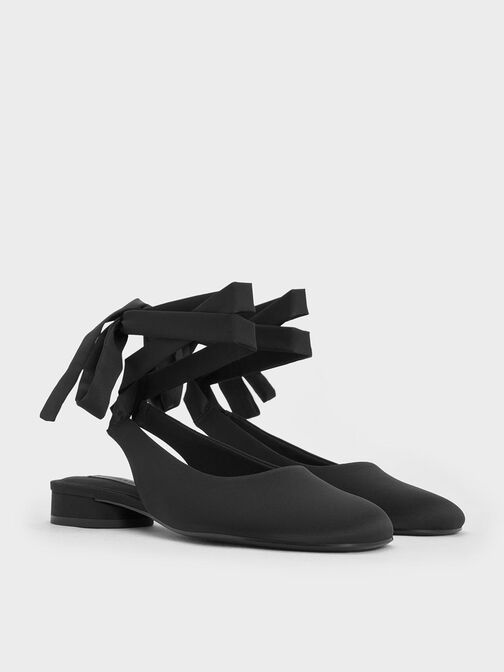 Satin Tie-Around Ballet Flats, Black Textured, hi-res