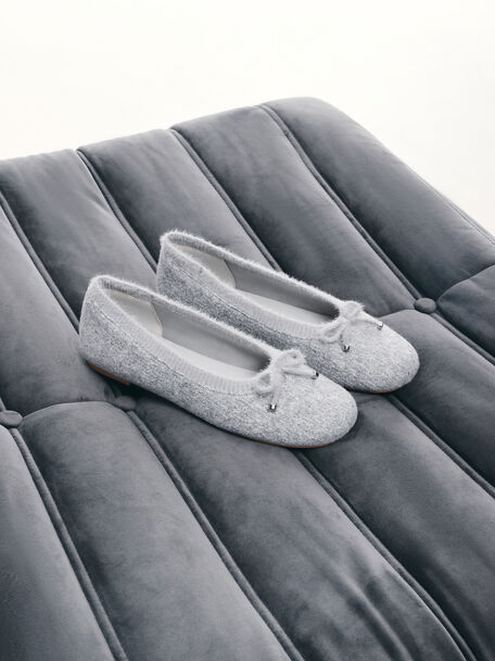 Knitted Bow Ballet Flats, Light Grey, hi-res