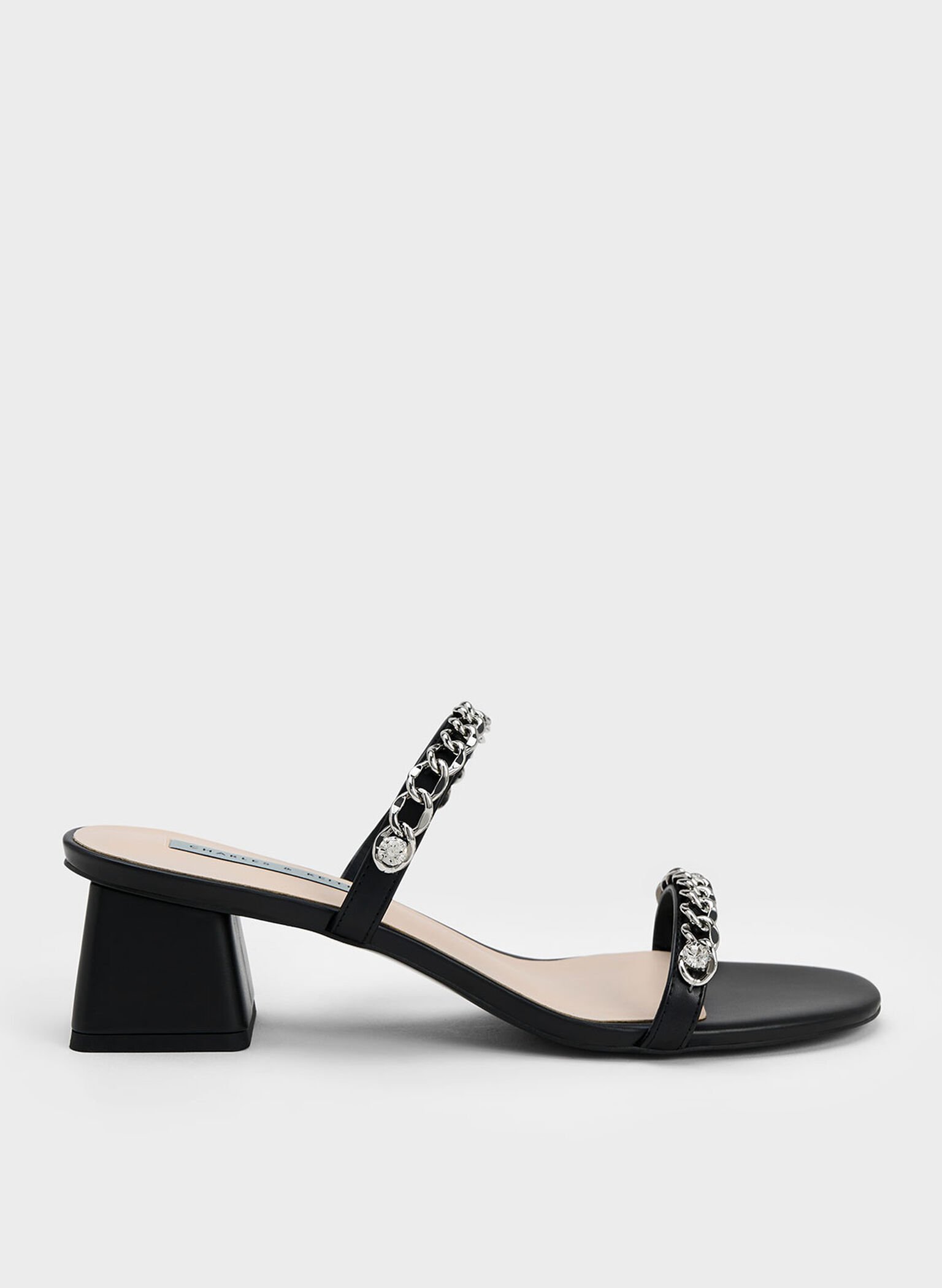 Chain-Link Block Heel Sandals, Black, hi-res