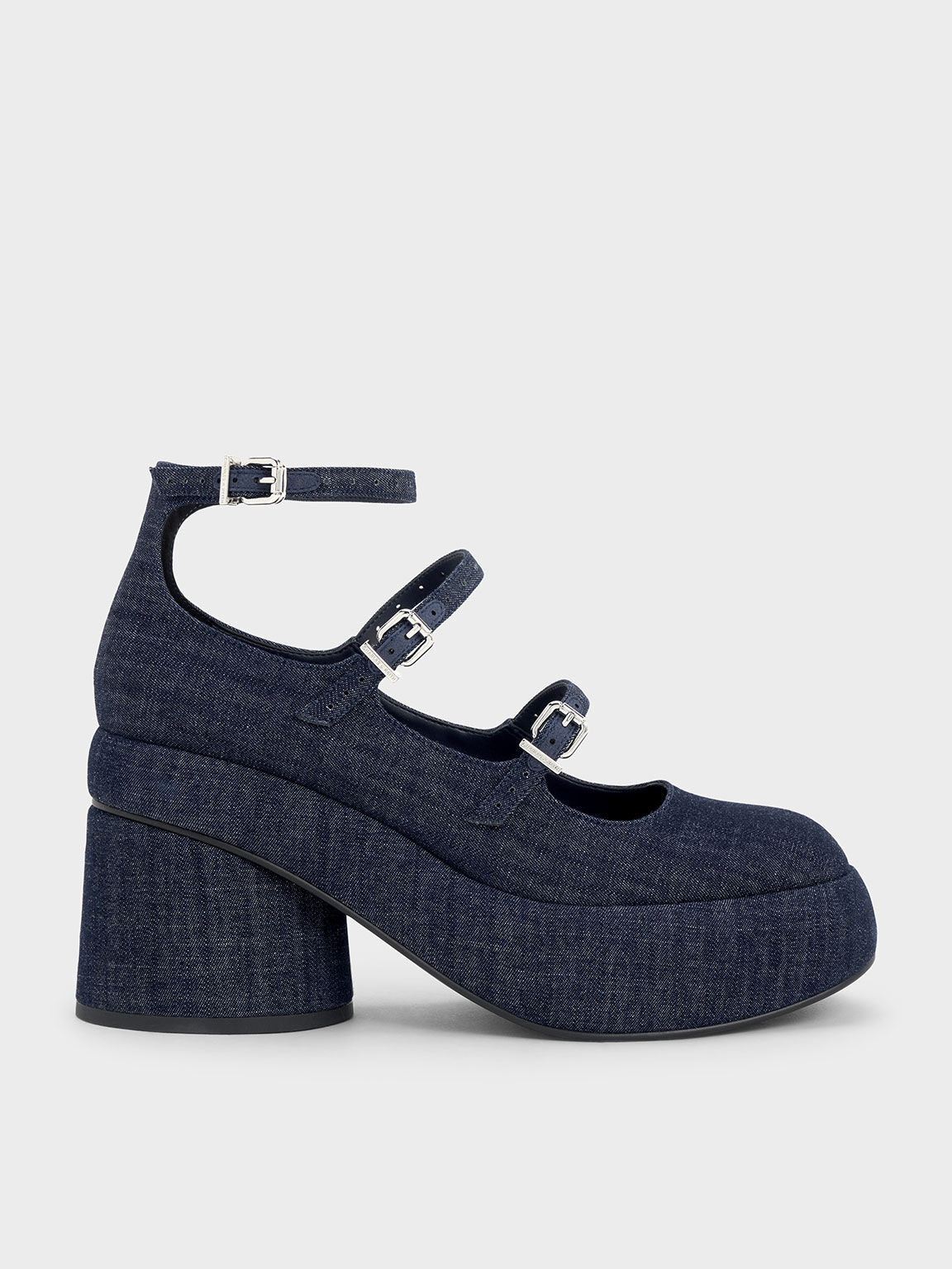 Luella Denim Triple Strap Mary Jane Platform Pumps Dark Blue