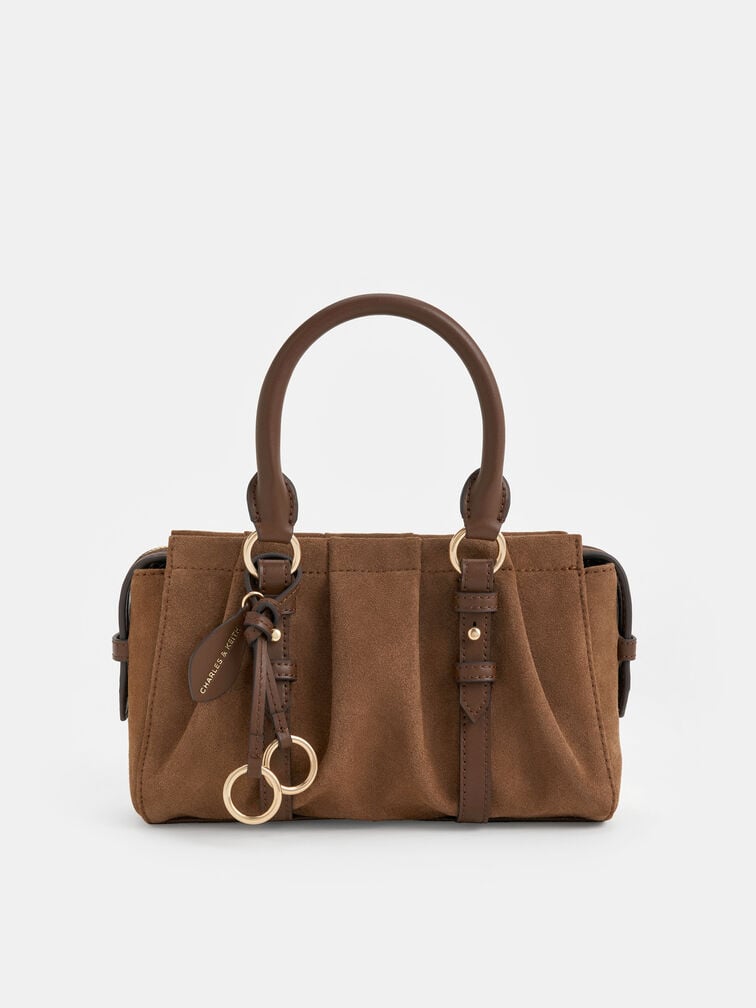 Britton Recycled Suede Ruched Top Handle Tote Bag, Mocha Brown, hi-res