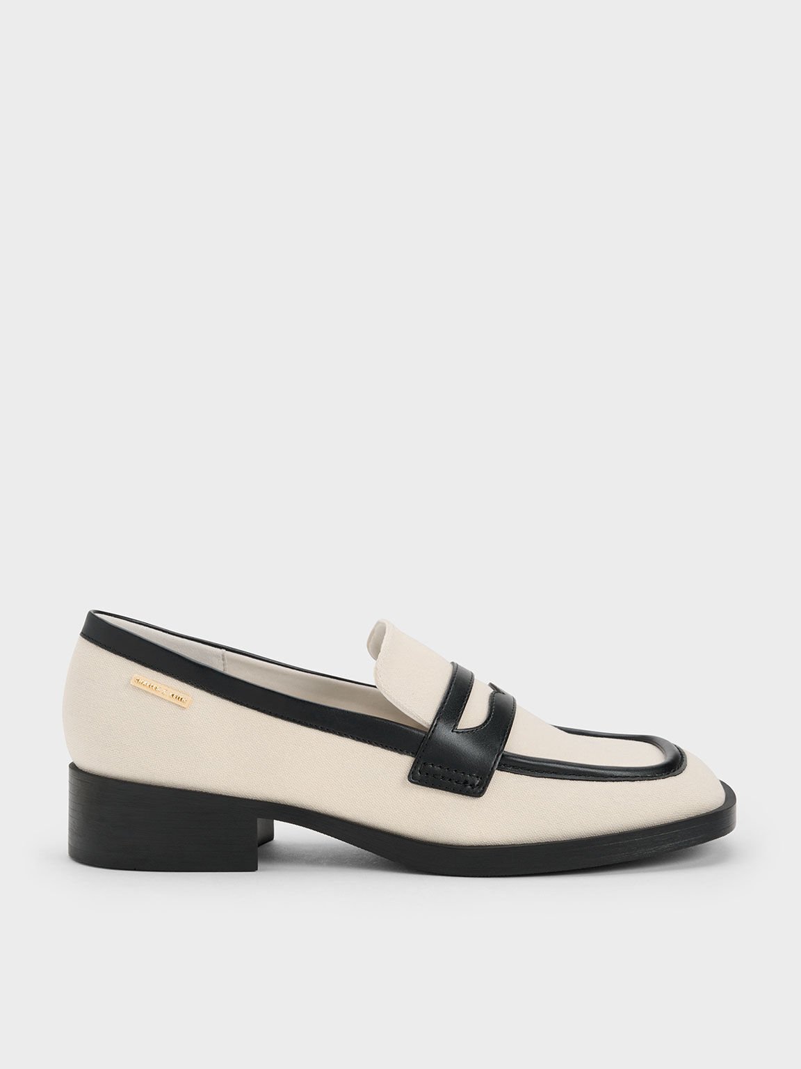 Canvas Cut-Out Penny Loafers, Black Satin, hi-res