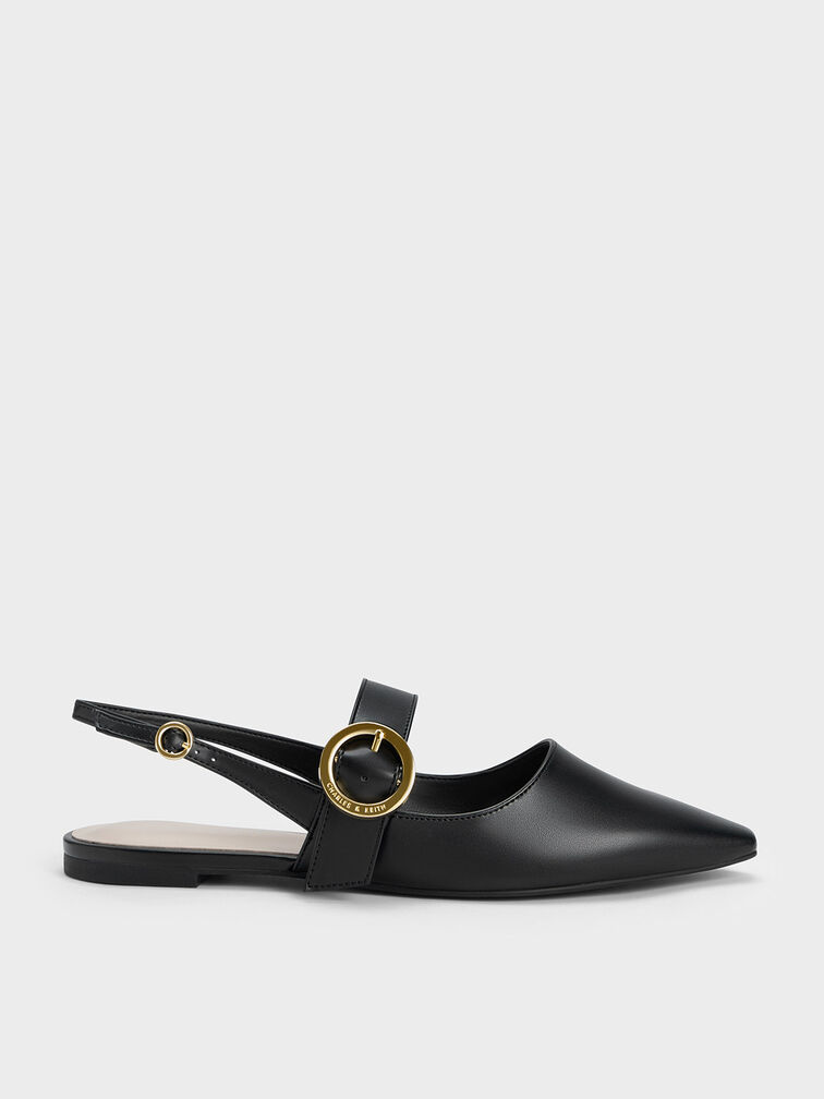 Buckled Strap Slingback Flats, Black, hi-res