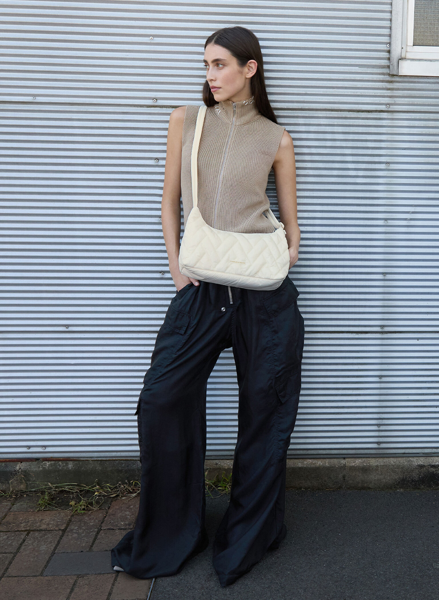 Nylon Chevron Shoulder Bag, Cream, hi-res