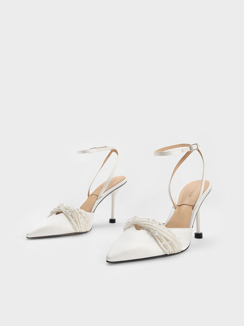 Leda Beaded Satin Ankle-Strap Pumps, White, hi-res