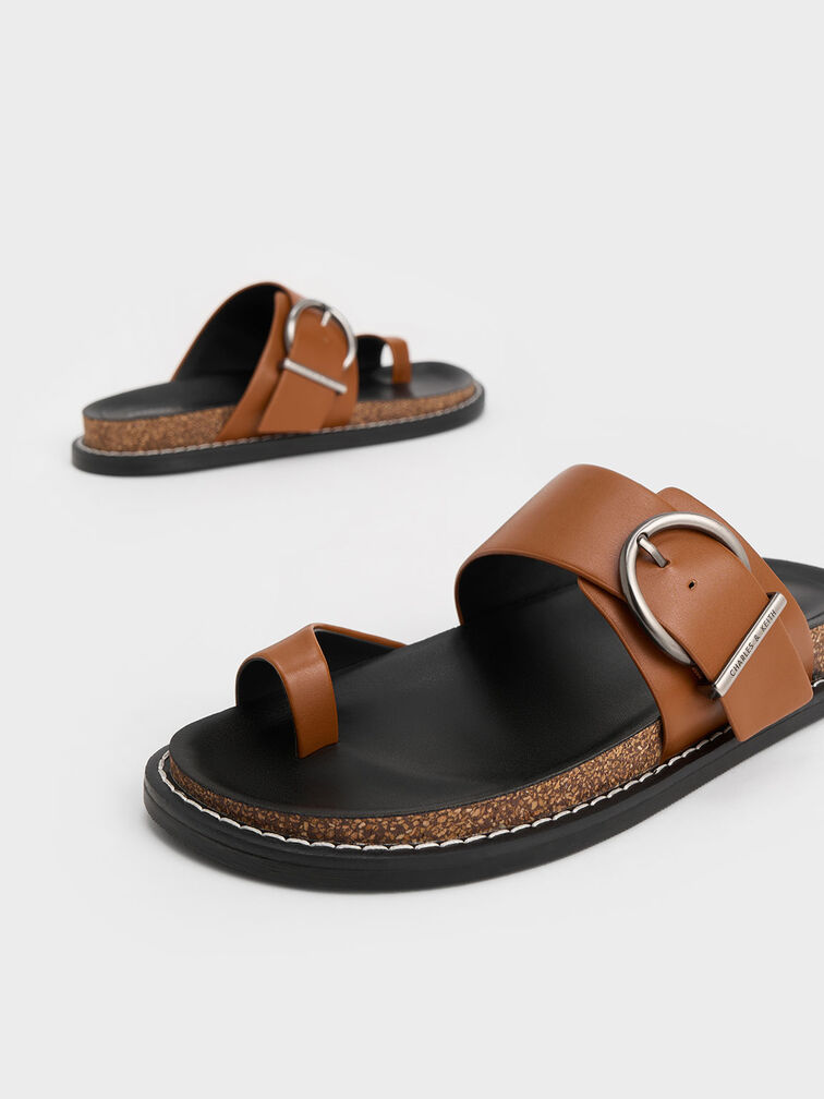 Metallic Buckle Toe-Ring Sandals, Cognac, hi-res