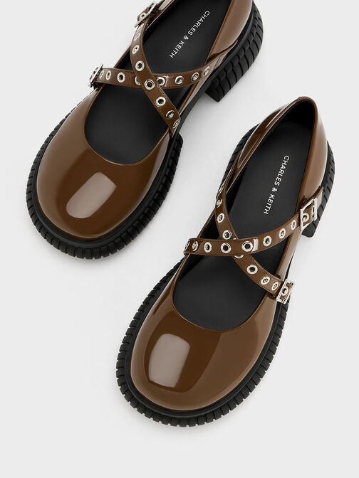 Grommet-Strap Platform Mary Janes, Brown, hi-res