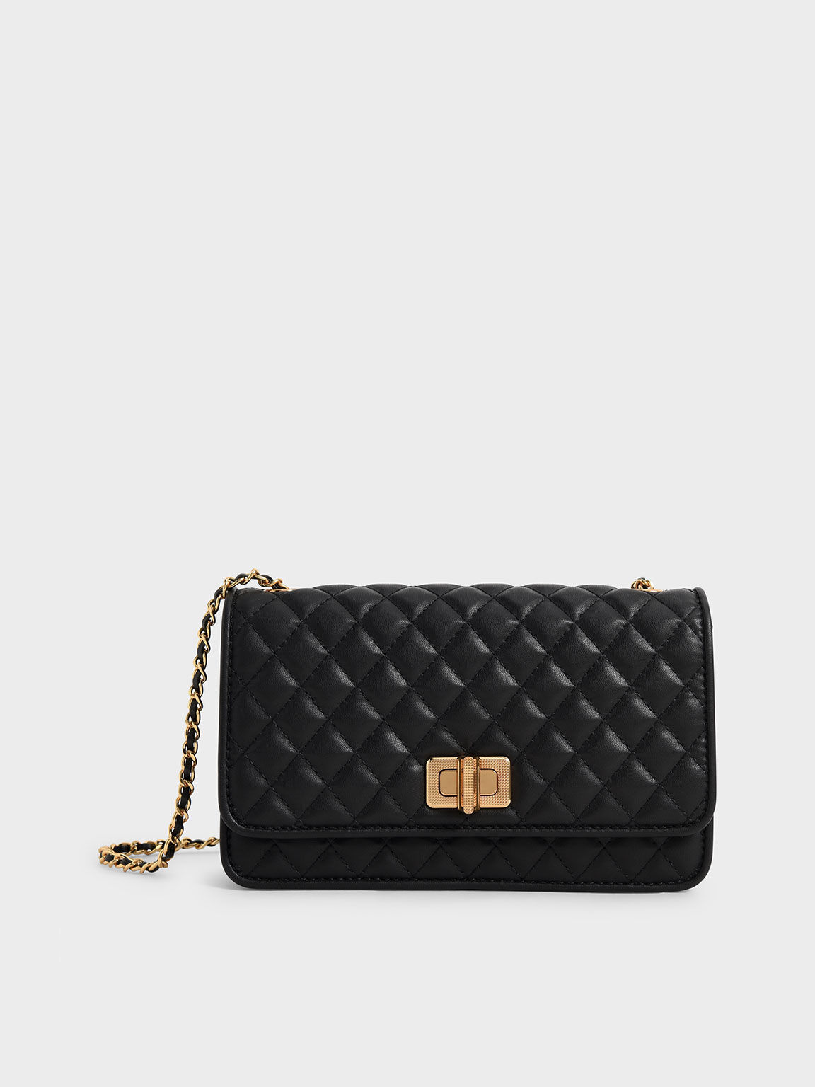 Quilted Turn-Lock Evening Clutch, Black, hi-res