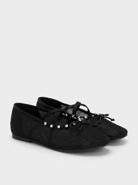 Girls' Lace Crystal Crossover Ballet Flats, Black Textured, hi-res