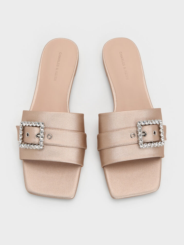 Gem-Buckle Square-Toe Slide Sandals, Nude, hi-res