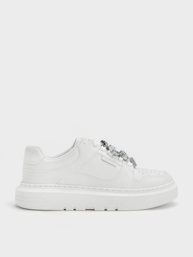 Gem-Embellished Platform Sneakers, White, hi-res