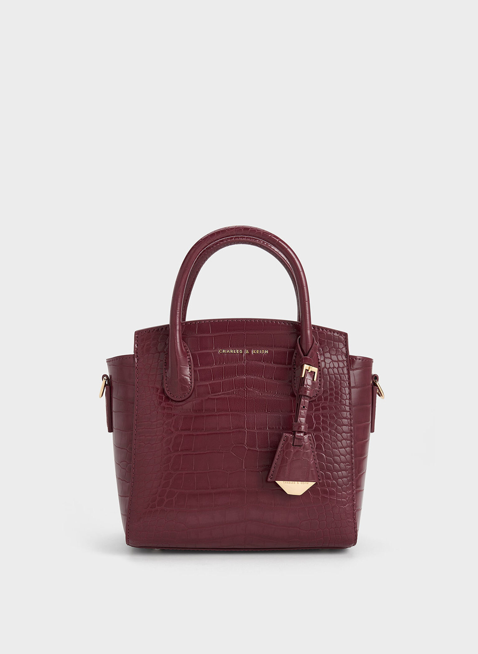 Burgundy Croc-Effect Trapeze Structured Tote Bag - CHARLES & KEITH US