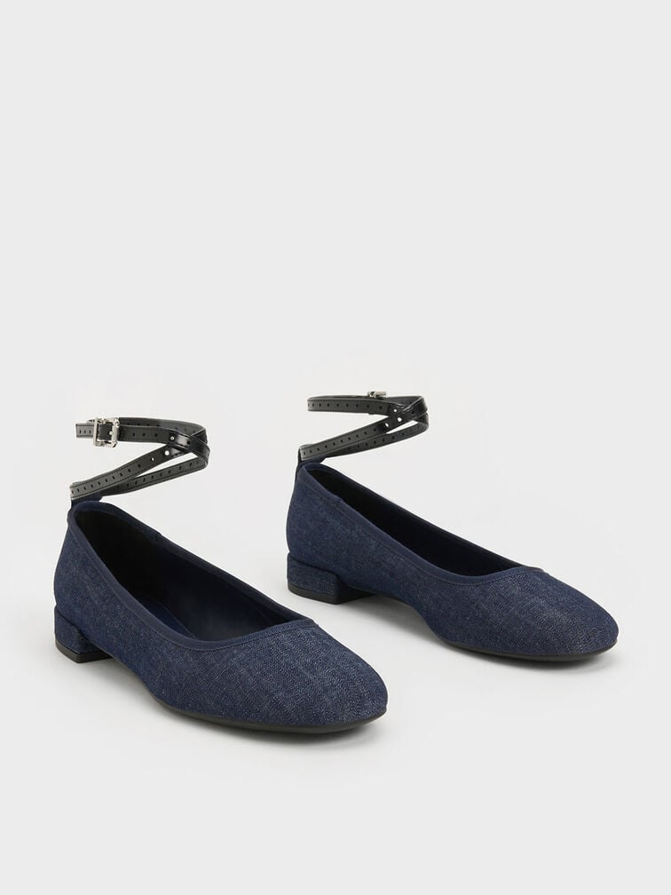 Denim Ankle-Strap Ballet Flats, Dark Blue, hi-res