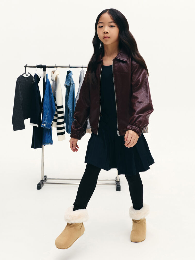 Girls' Faux Suede & Faux Fur Foldover Ankle Boots, Sand, hi-res