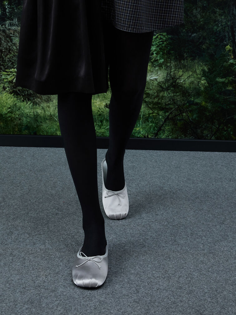 Satin Bow Flat Mules, Silver, hi-res