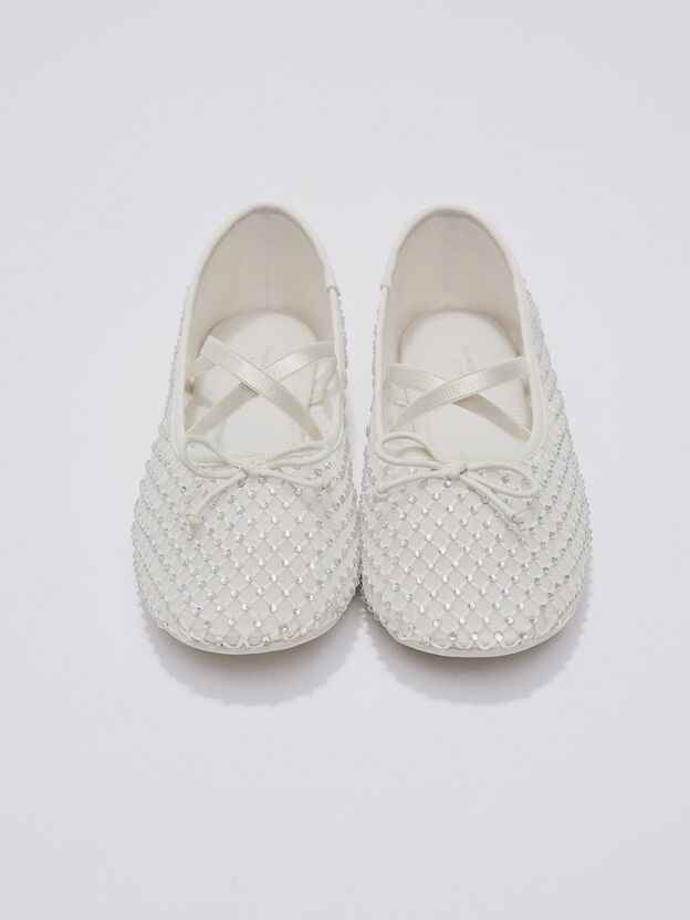 Girls' Mesh Crystal Crossover Ballet Flats, White, hi-res