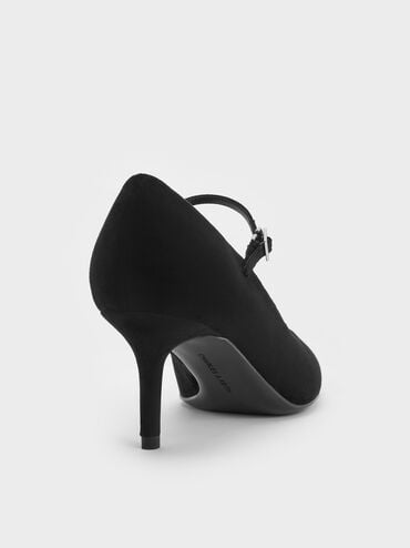 Faux Suede Pointed-Toe Stiletto-Heel Mary Jane Pumps, Black Textured, hi-res