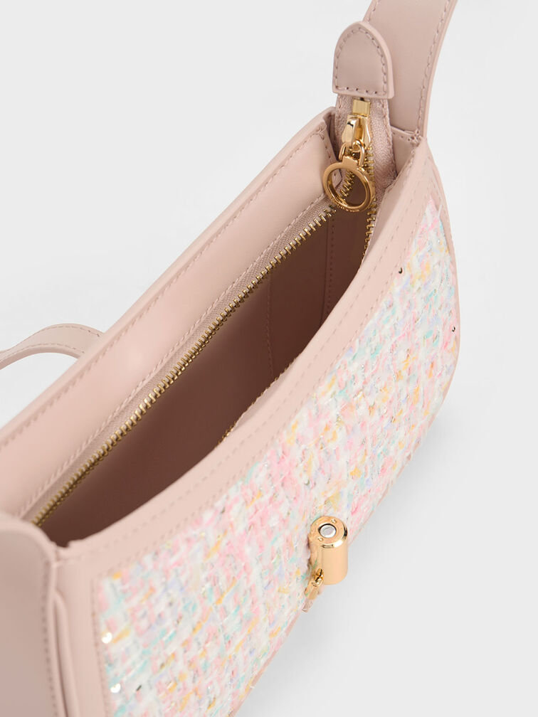 Cesia Metallic Accent Tweed Shoulder Bag - Pink