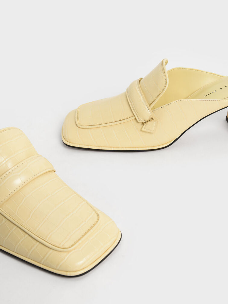 Croc-Effect Block Heel Loafer Mules, Animal Print Yellow, hi-res
