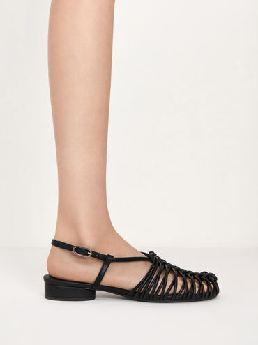 Linnea Woven Slingback Caged Sandals, Black, hi-res