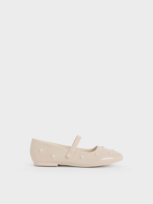 Girls' Patent Flower-Beaded Mary Janes, Cream, hi-res