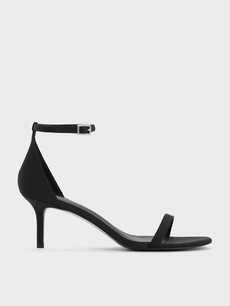 Grosgrain Stiletto-Heel Ankle-Strap Sandals, Black Textured, hi-res